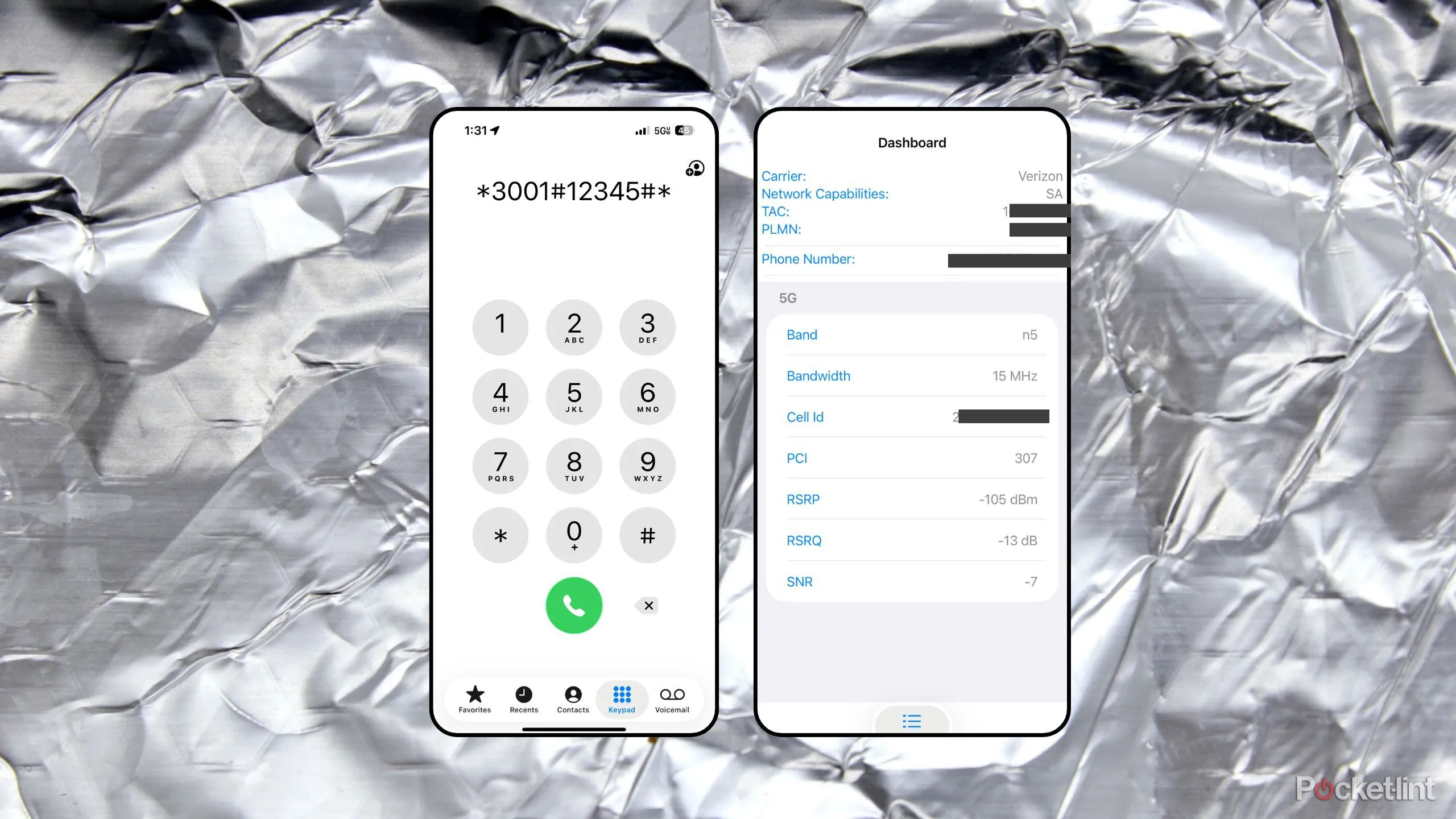 Chế độ Field Test Mode trên iOS hiển thị RSRP, RSRQ, SINR và các thông số mạng.