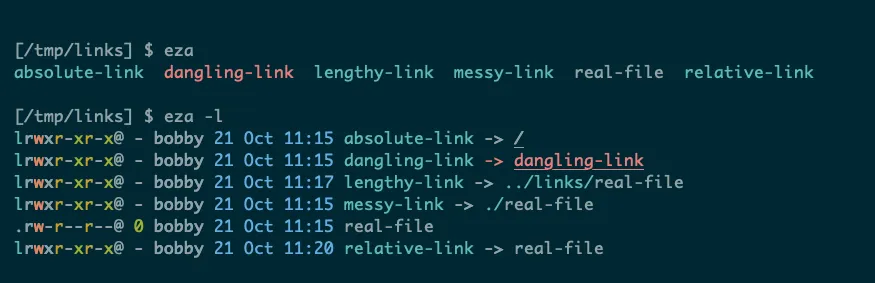 Công cụ eza hiển thị symlink hỏng nổi bật bằng màu sắc trên terminal