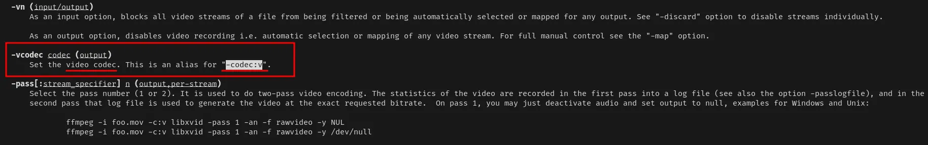 Cửa sổ terminal hiển thị man page của FFmpeg với phần codec được đánh dấu, minh họa ý nghĩa 'v' là video