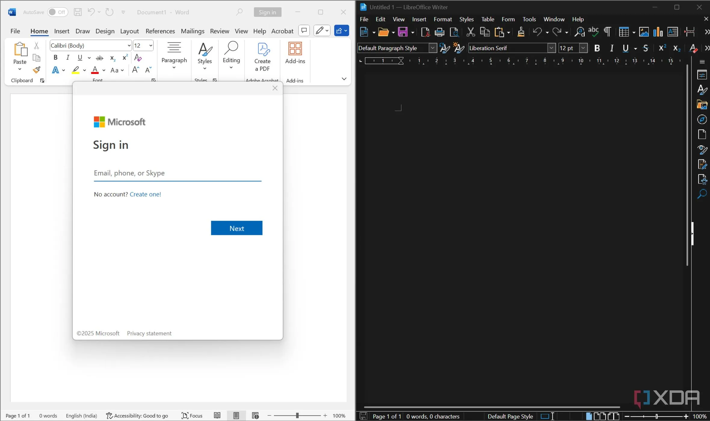 Cửa sổ yêu cầu đăng nhập Microsoft so với lưu file ngoại tuyến trong LibreOffice