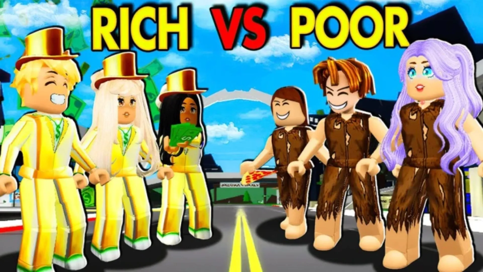 Dàn nhân vật Be a Beggar trên Roblox với khung tiền và nhân viên ăn xin