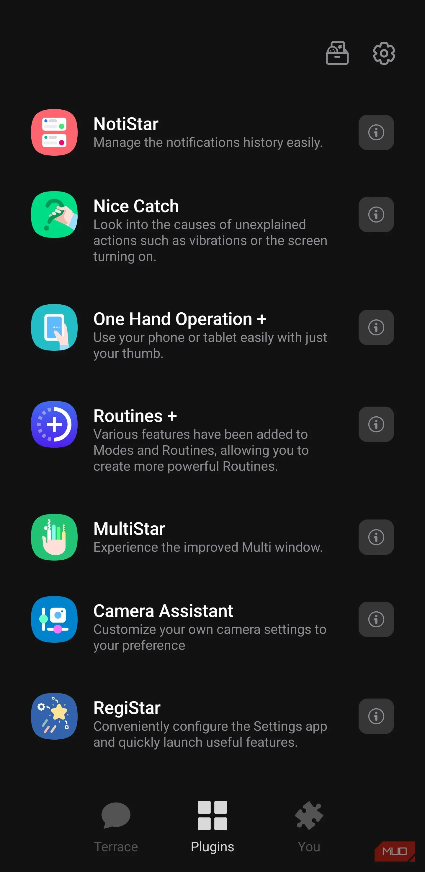 Danh sách plugin Good Lock hiển thị One Hand Operation + và RegiStar