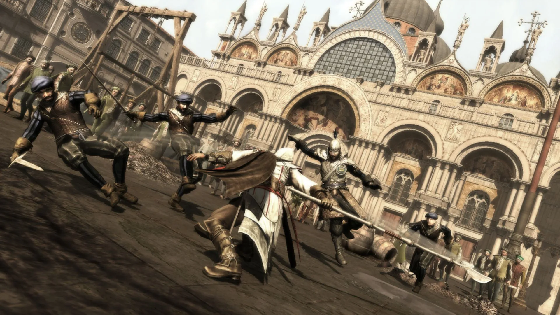Ezio vung rìu vào nhóm lính canh trong Assassin's Creed 2, minh họa nhịp counter và timing.