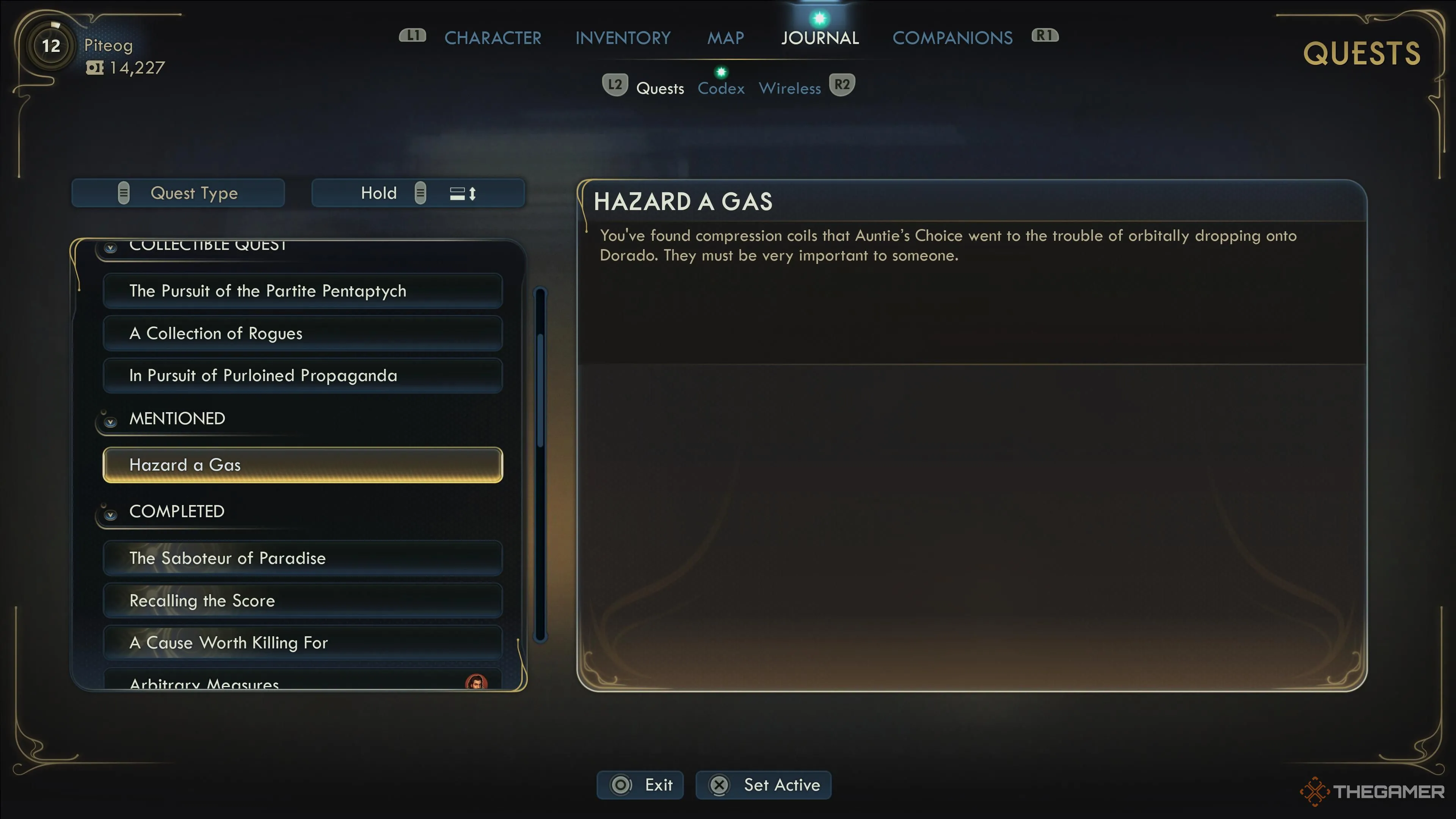 Ghi nhận nhiệm vụ Hazard A Gas trong journal The Outer Worlds 2.