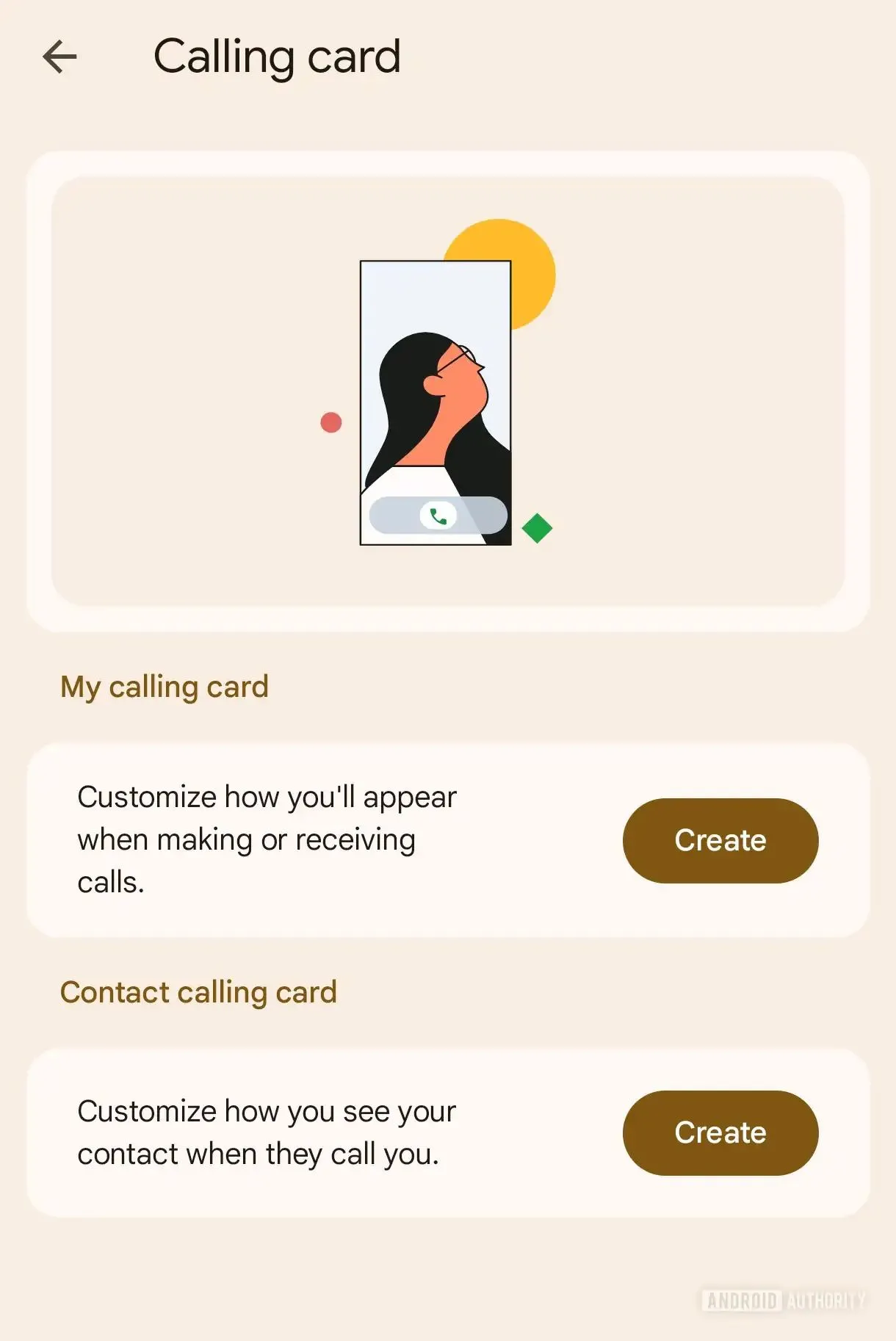 Giao diện cài đặt Calling Cards trong ứng dụng Phone của Google, hiển thị tuỳ chọn tùy chỉnh thẻ gọi trên Android