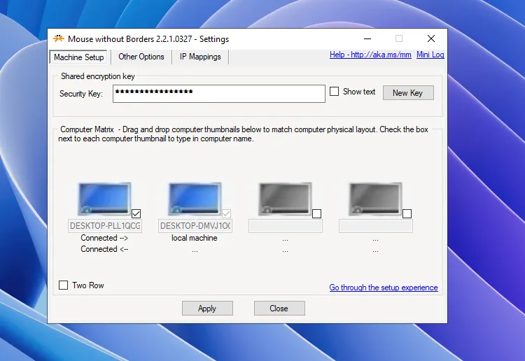Giao diện cài đặt chính của Mouse Without Borders cho phép cấu hình ma trận máy và các tùy chọn bổ trợ.