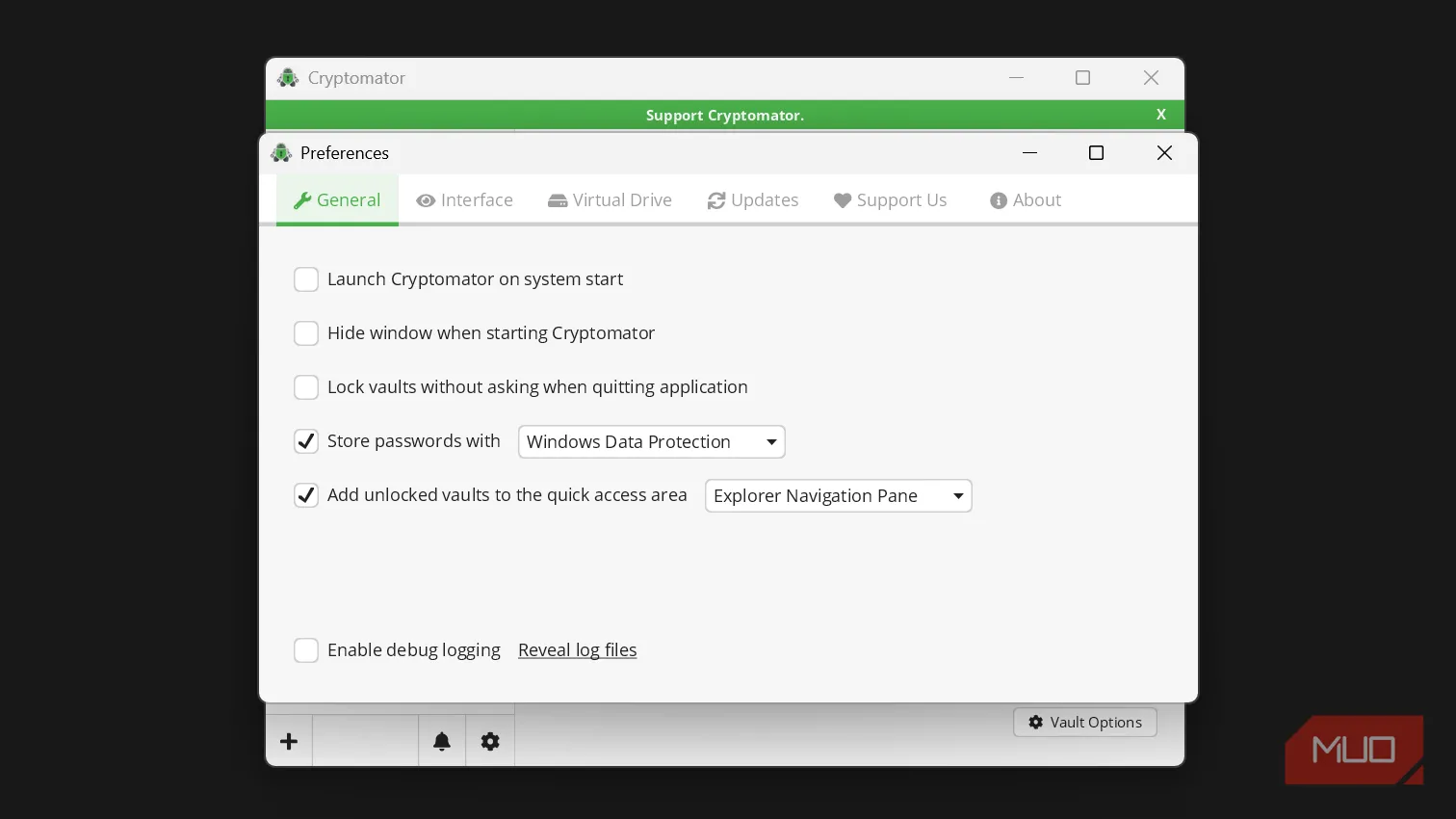 Giao diện cài đặt Cryptomator trên Windows, hiển thị danh sách vault và tùy chọn bảo mật