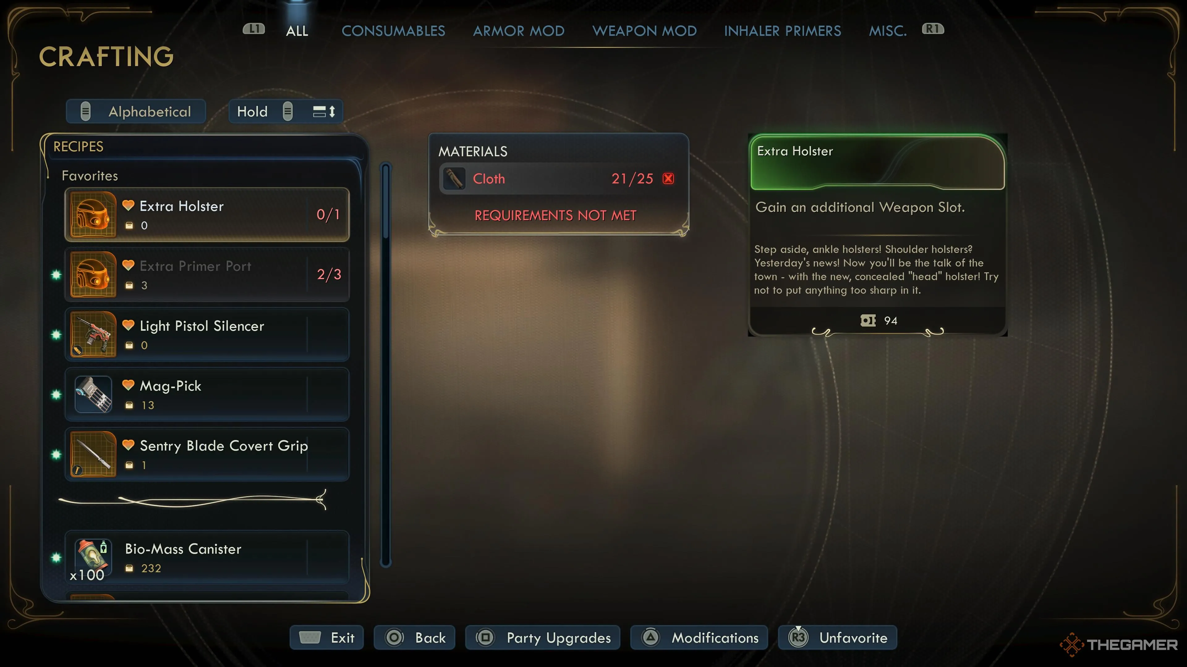 Giao diện chế tạo hiển thị vật liệu và ô trang bị trong The Outer Worlds 2