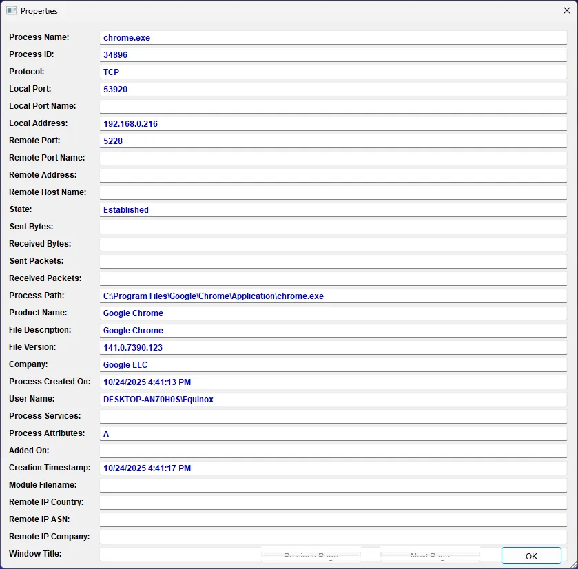 Giao diện chi tiết của CurrPorts cho phép xem đầy đủ thông tin tiến trình và port, thuận tiện cho việc phân tích xung đột.