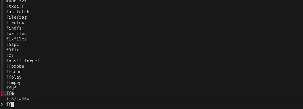 Giao diện FZF hiển thị danh sách lệnh lấy từ cheat.sh, tìm kiếm FF để chọn lệnh liên quan FFmpeg