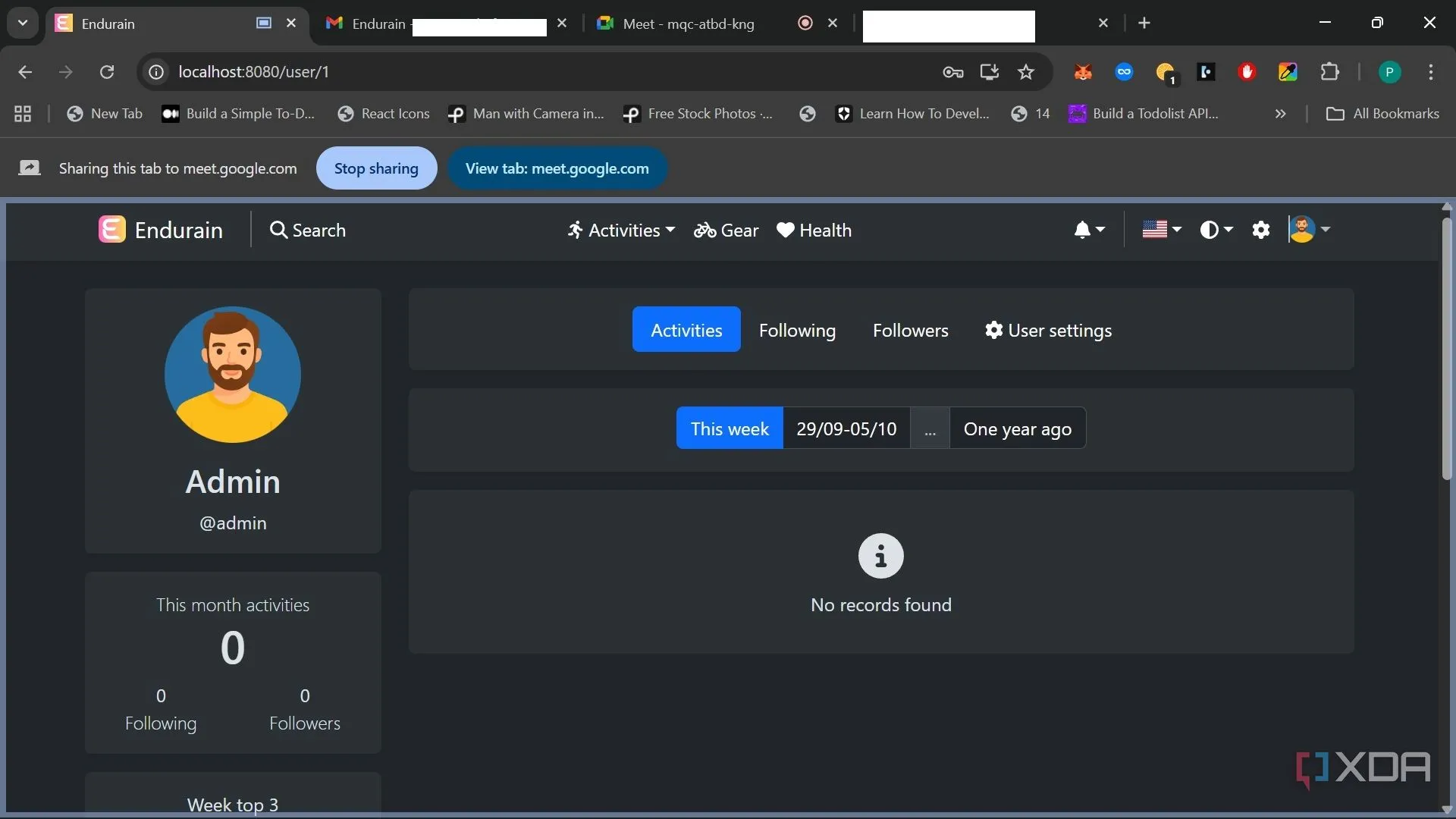 Giao diện hồ sơ Endurain, hiển thị biểu đồ tiến độ và các mục tiêu luyện tập