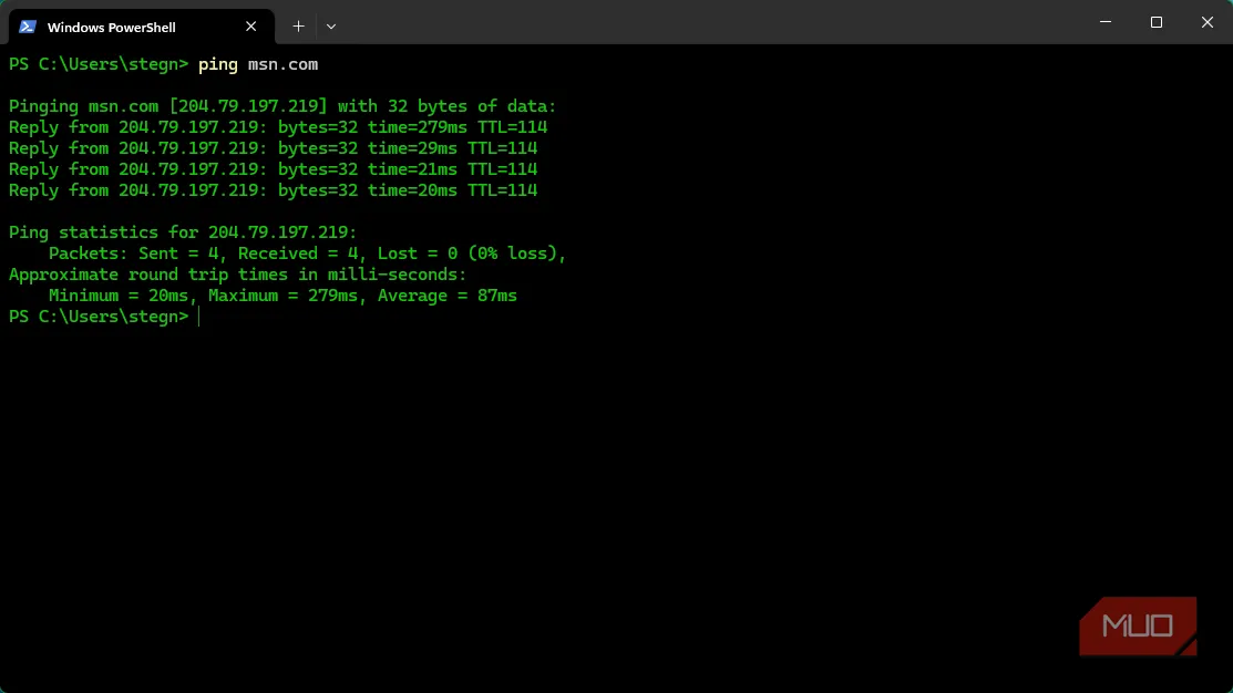 Giao diện lệnh ping trên Windows hiển thị kết quả trả về từ một địa chỉ IP