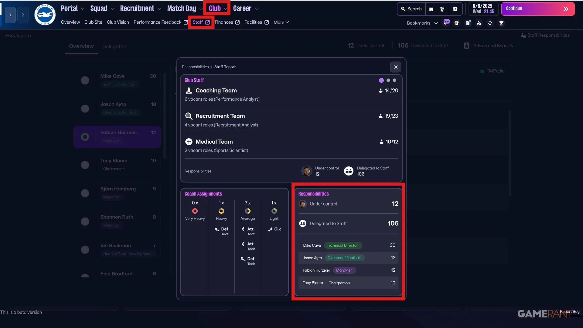 Giao diện menu Delegation trong Football Manager 26 hiển thị tùy chọn ủy quyền nhân sự quản lý câu lạc bộ