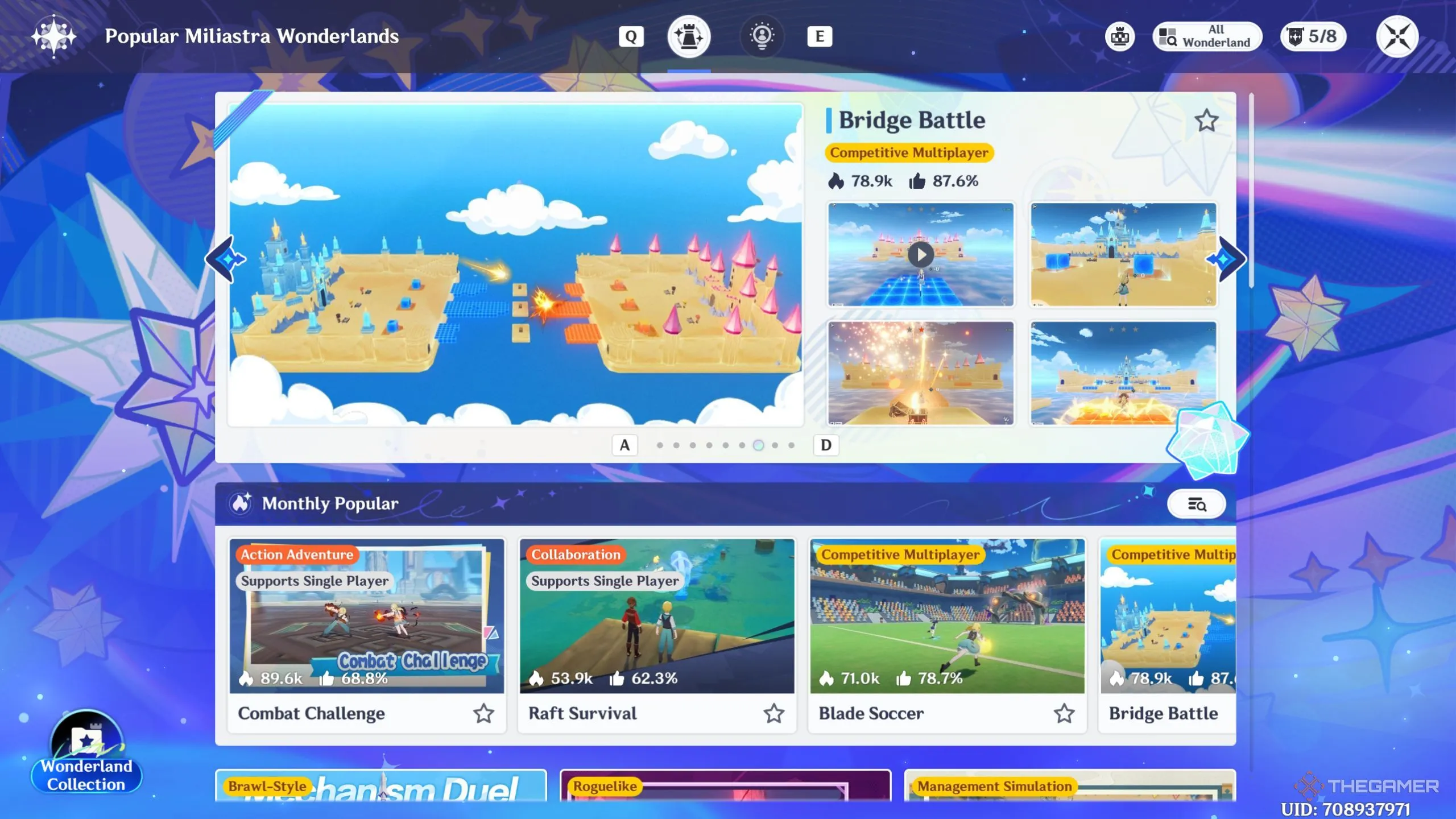 Giao diện Miliastra Wonderland hiển thị màn chơi và menu catalog trò chơi.