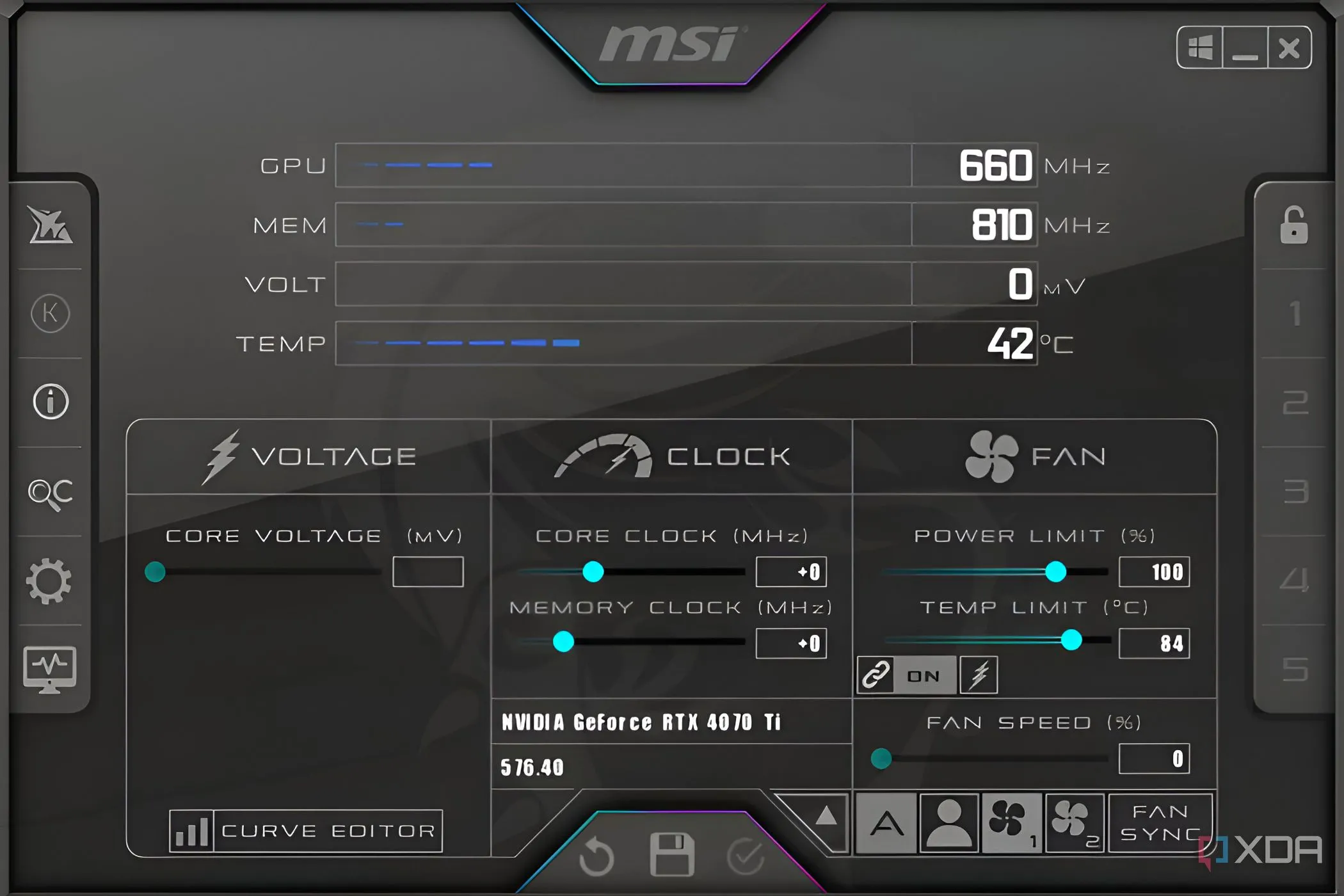 Giao diện MSI Afterburner trên Windows 11 hiển thị nhiệt độ, điện áp và xung nhịp GPU