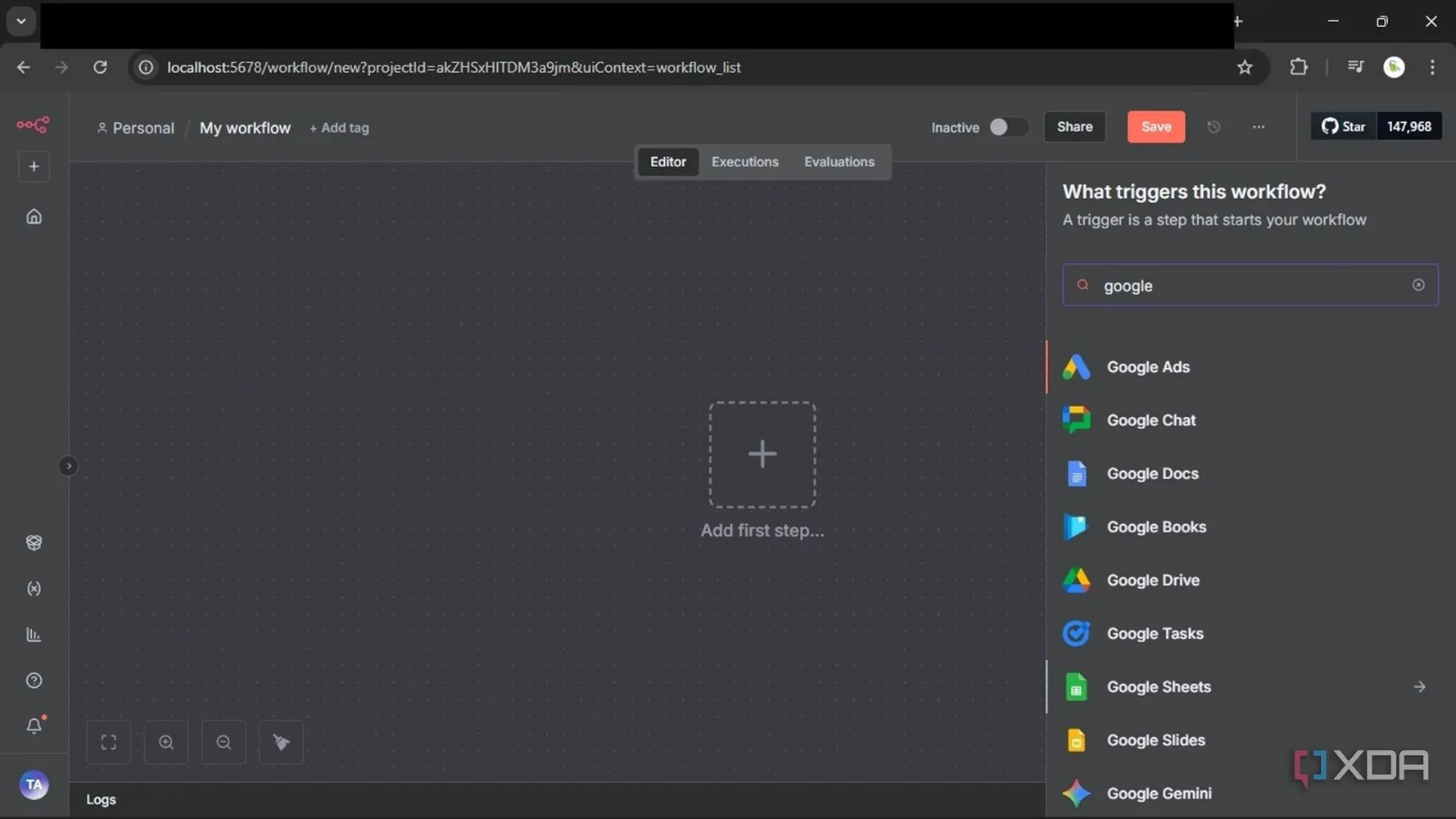 Giao diện n8n tự host trên PC, hiển thị workflow cho sáng tạo nội dung game