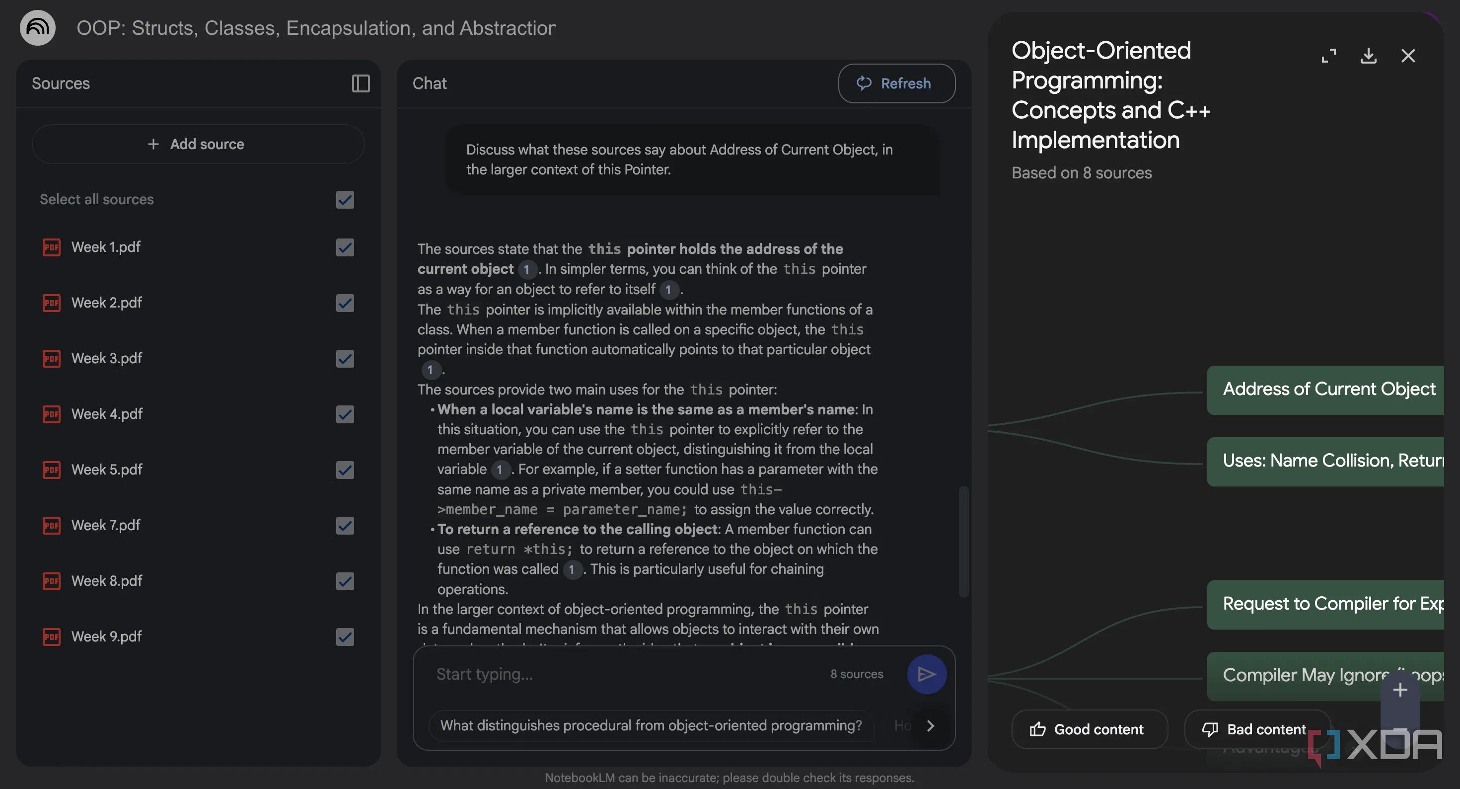 Giao diện NotebookLM hiển thị câu hỏi liên quan và sơ đồ tư duy