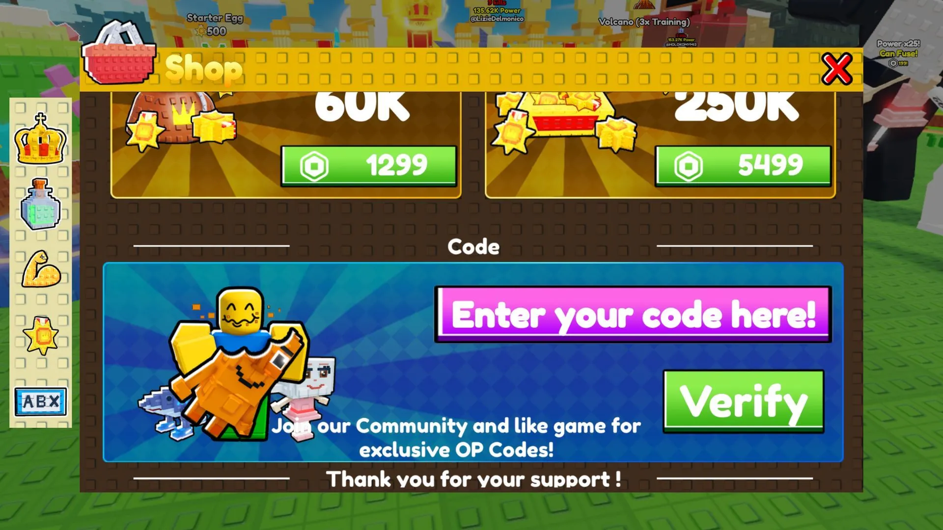 Giao diện phần Codes trong Eat Brainrot for Fight để nhập mã