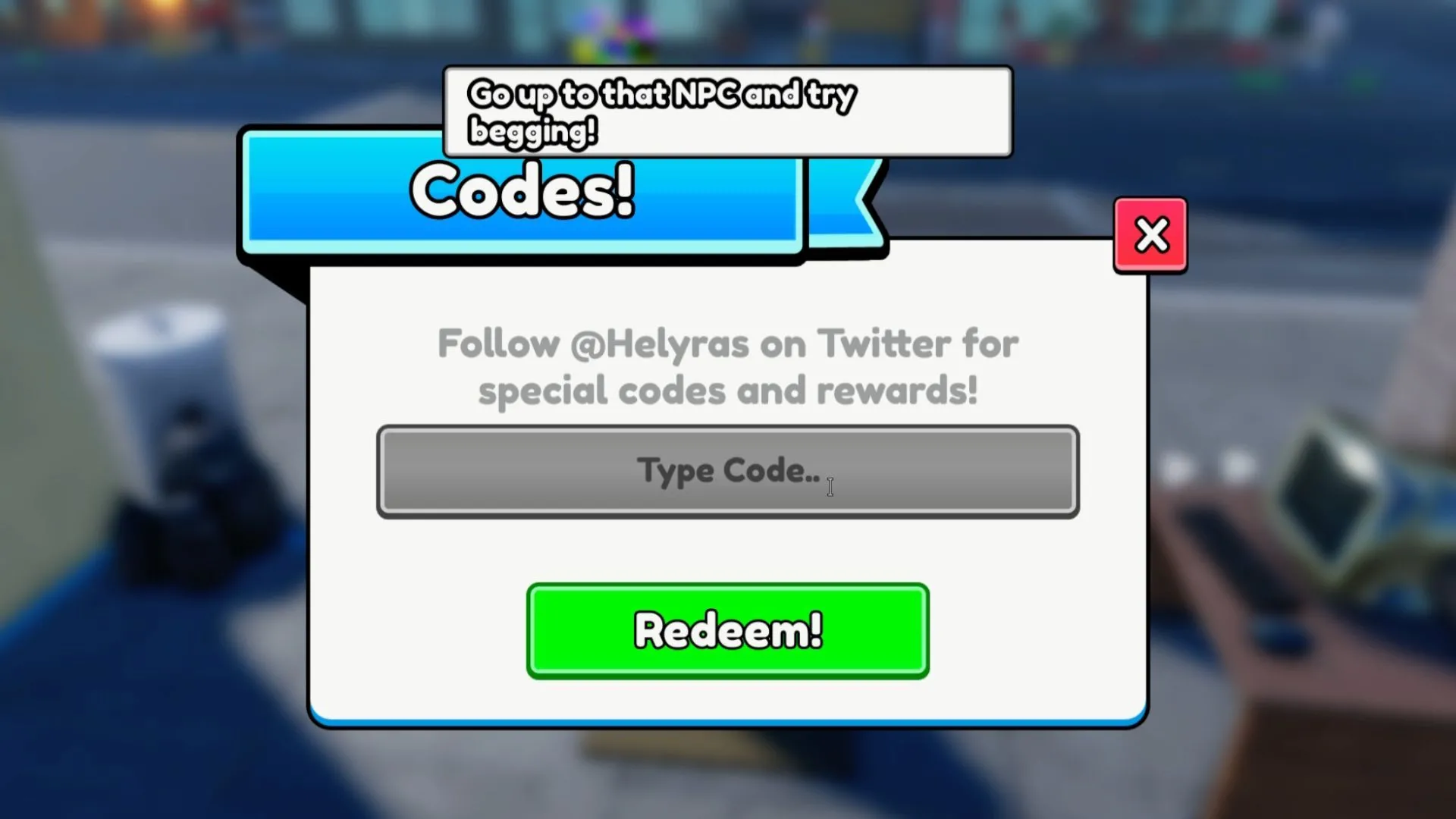 Giao diện tab Codes trong Be a Beggar trên Roblox, nơi nhập mã nhận Cash