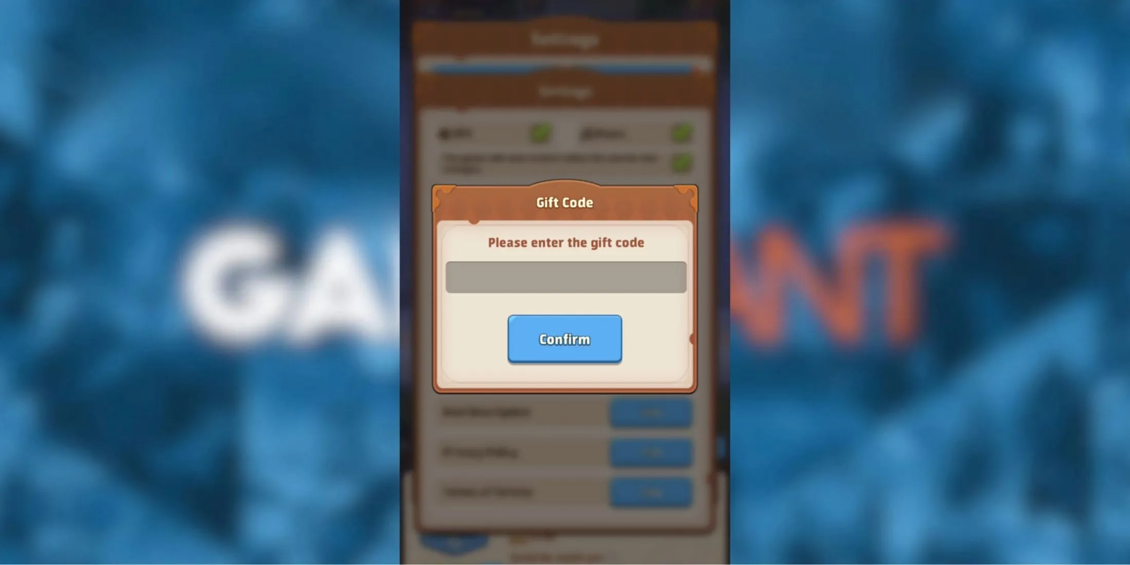 Giao diện tab mã quà trong Top Heroes, chỉ cách nhập code ở phần cài đặt