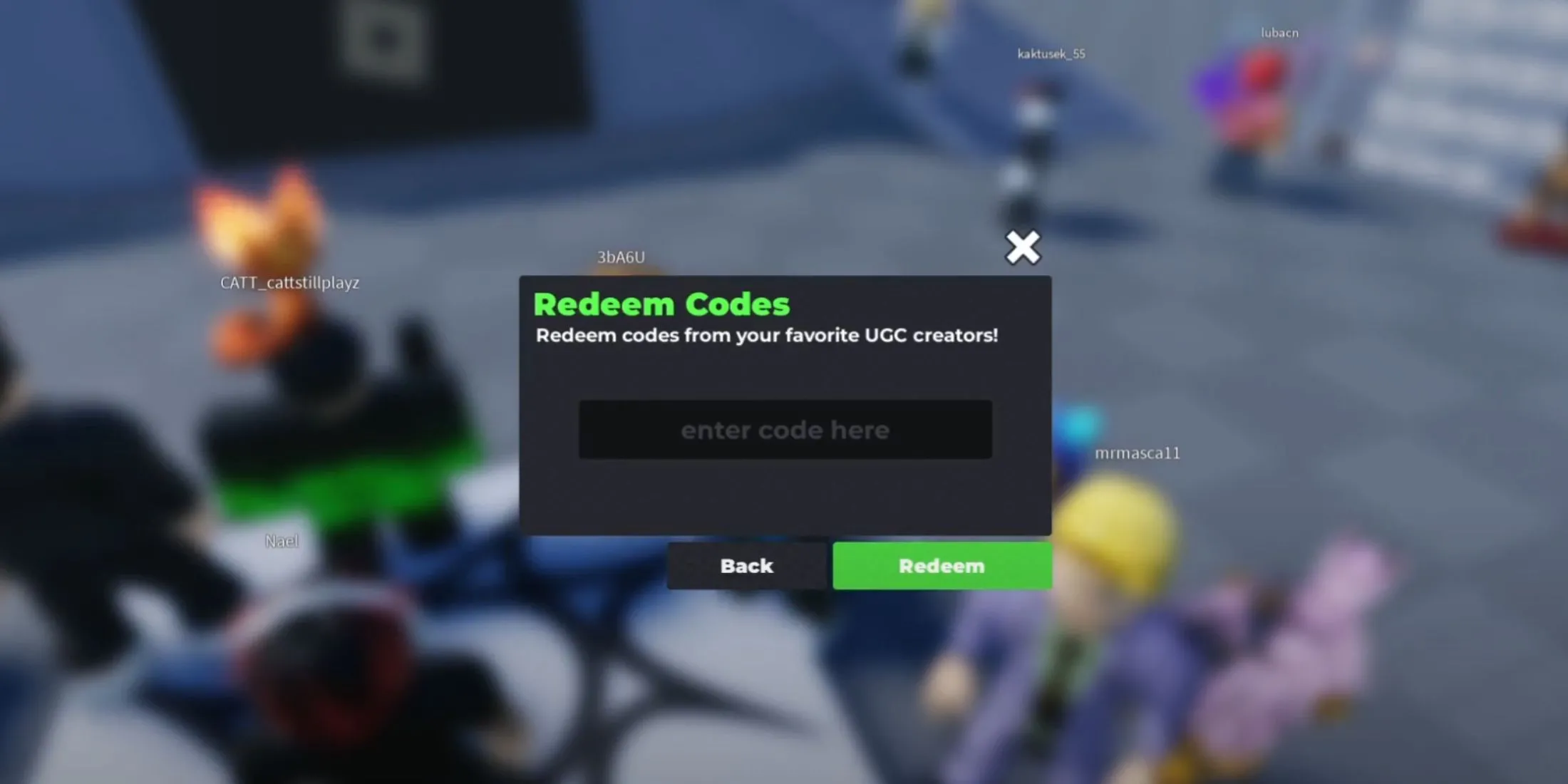 Giao diện tab nhập mã trong Flex UGC trên Roblox