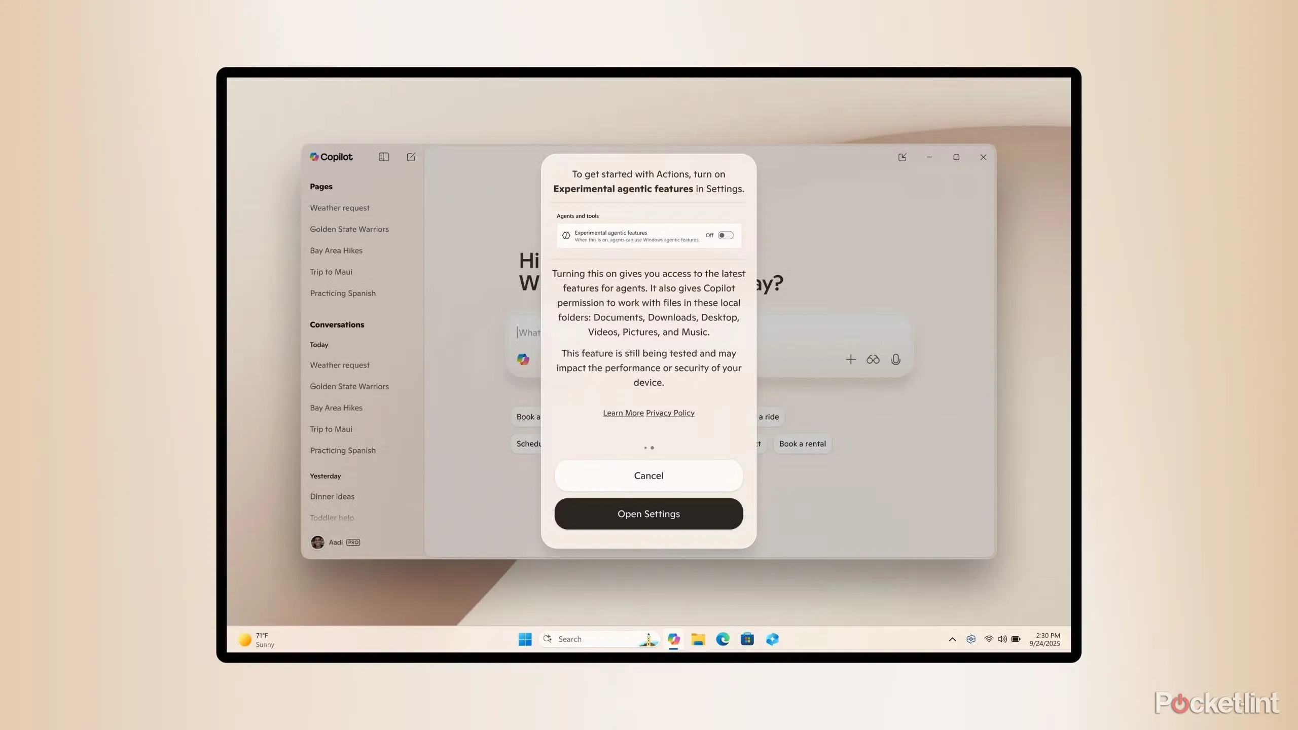 Giao diện tính năng Copilot và các hành động tự động trên Windows 11.