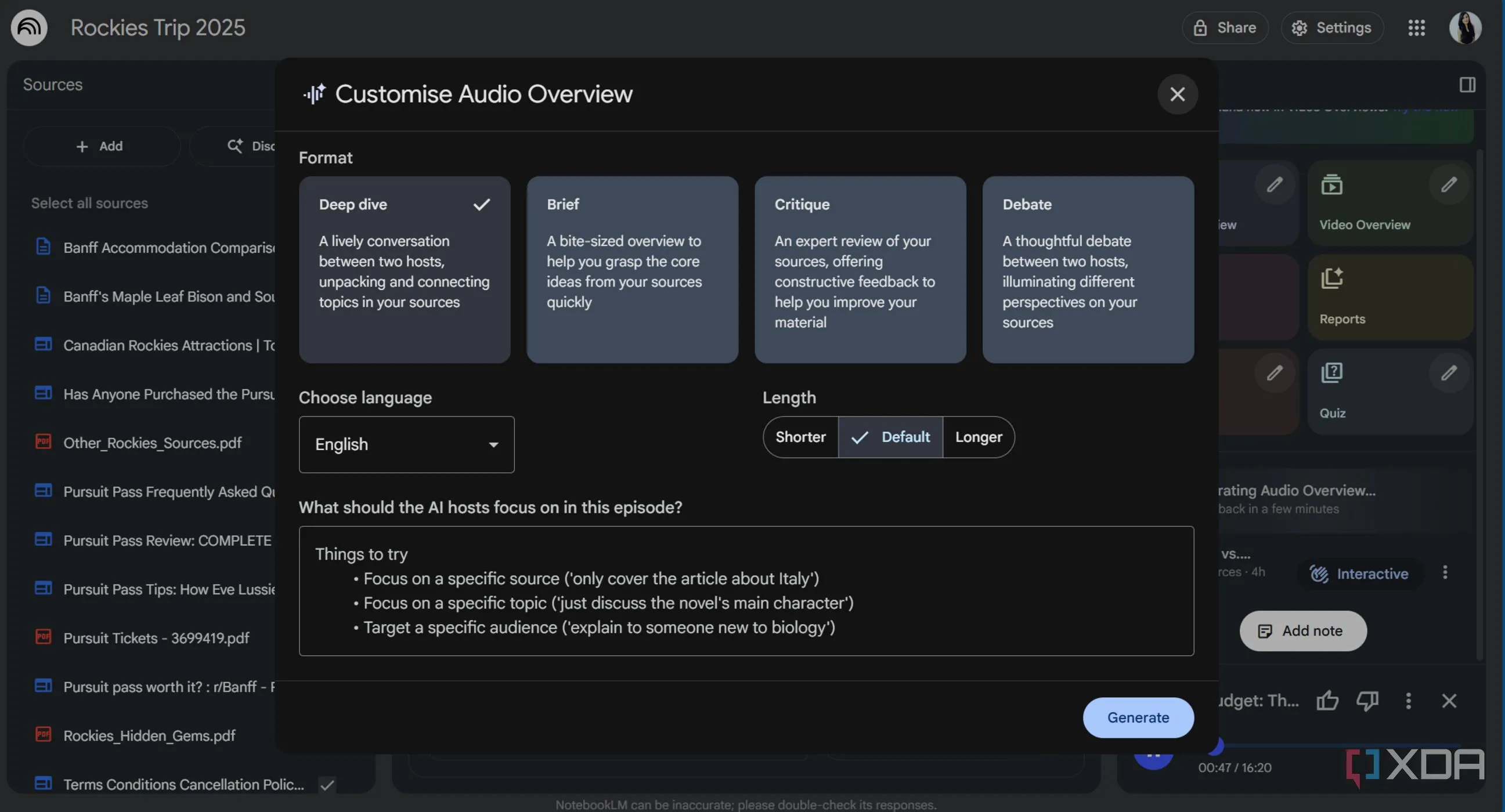 Giao diện tổng hợp âm thanh NotebookLM tóm tắt nghiên cứu du lịch