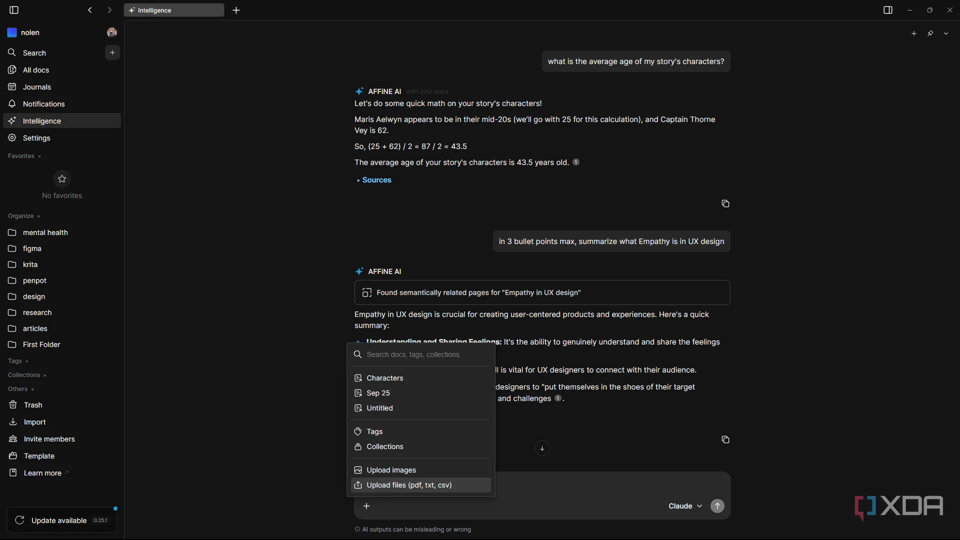 Giao diện trợ lý AI AFFiNE hiển thị tóm tắt ghi chú thiết kế game và nguồn tham khảo nội bộ