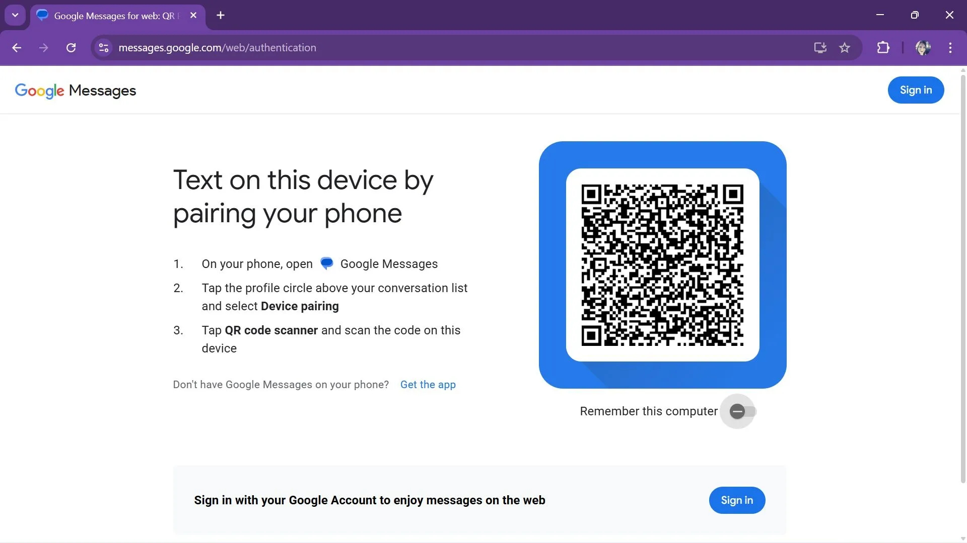 Giao diện xác thực Google Messages web với mã QR và tùy chọn Remember this computer