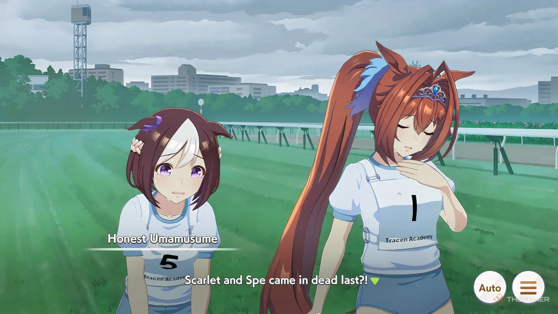 Hai nhân vật Umamusume kiệt sức trên đường đua — hình ảnh thể hiện tính cạnh tranh và chi phí cảm xúc của gacha.