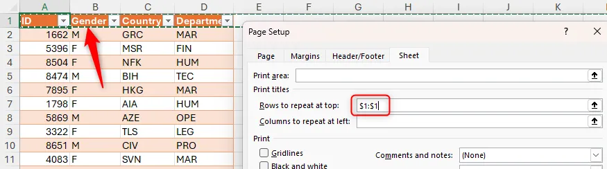 Hàng 1 (header) được chọn, xuất hiện tham chiếu trong hộp Page Setup.