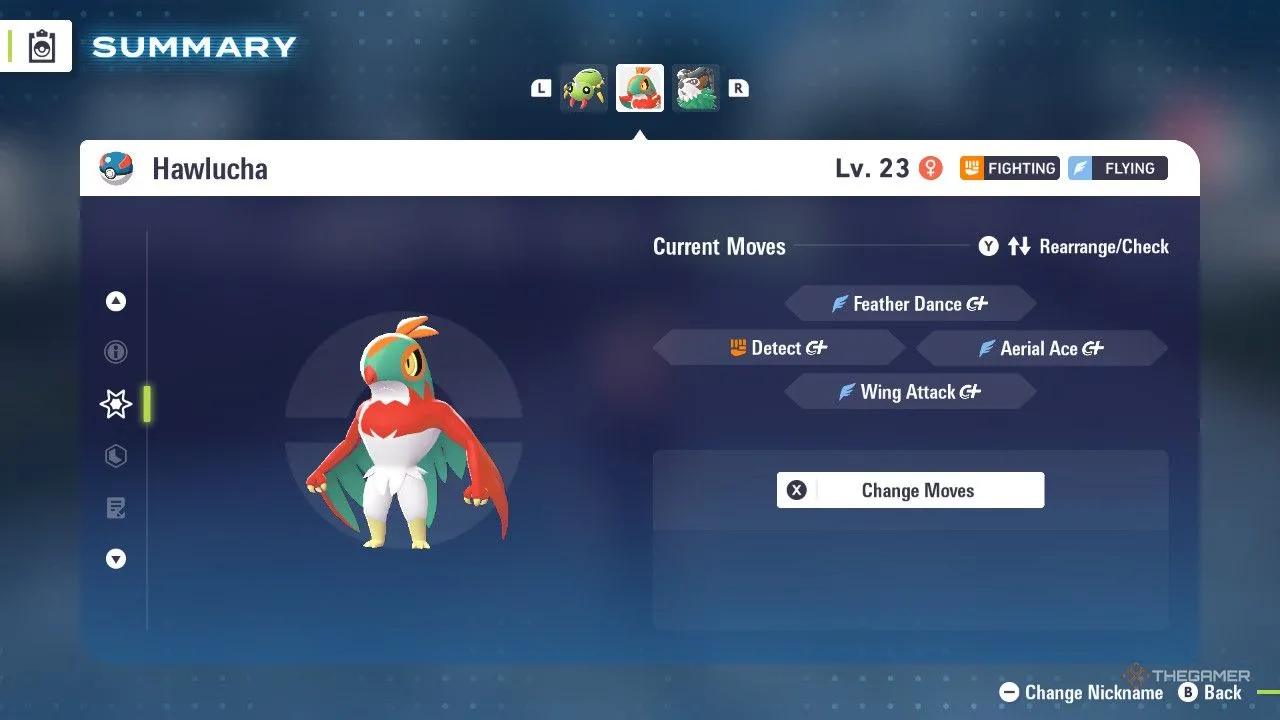 Hawlucha xuất hiện trong menu Pokémon Legends Z‑A, thể hiện phong cách đấu tay đôi kết hợp hệ Fighting và Flying