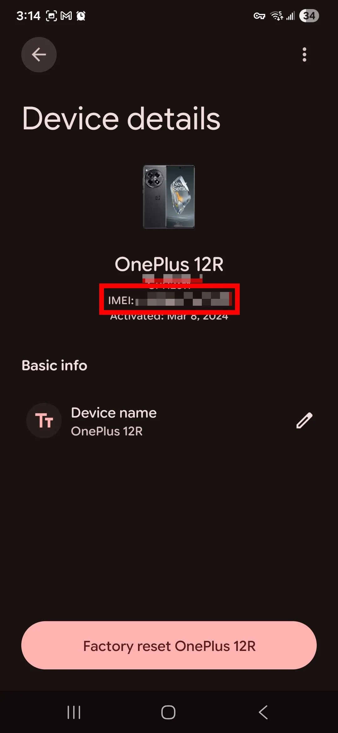 Hình khoanh đỏ hiển thị IMEI trong ứng dụng Google Find Hub