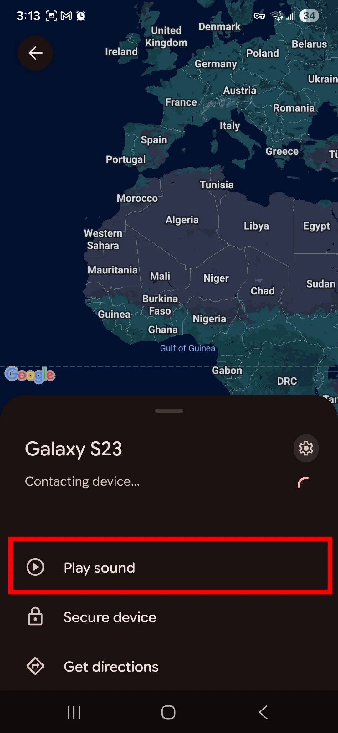 Hình minh hoạ lệnh Play sound trong ứng dụng Google Find Hub, hiển thị tùy chọn đổ chuông trên thiết bị