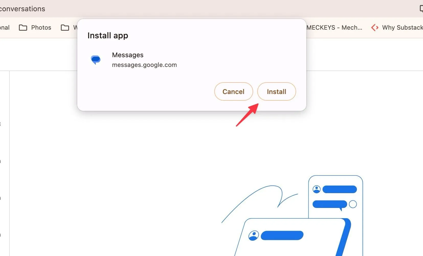 Hộp thoại cài đặt ứng dụng Google Messages trên Chrome với nút Install được đánh dấu