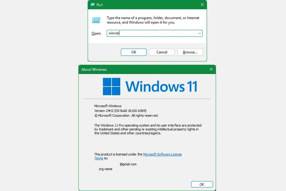 Hộp thoại Winver và Run trên Windows hiển thị thông tin phiên bản hệ điều hành