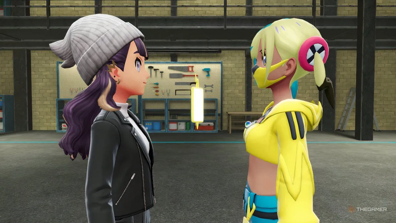 Huấn luyện viên đối mặt với Canari trước một trận đấu trong Pokemon Legends: Z-A, thể hiện cảnh chiến đấu đường phố và không khí khám phá ở Lumiose.