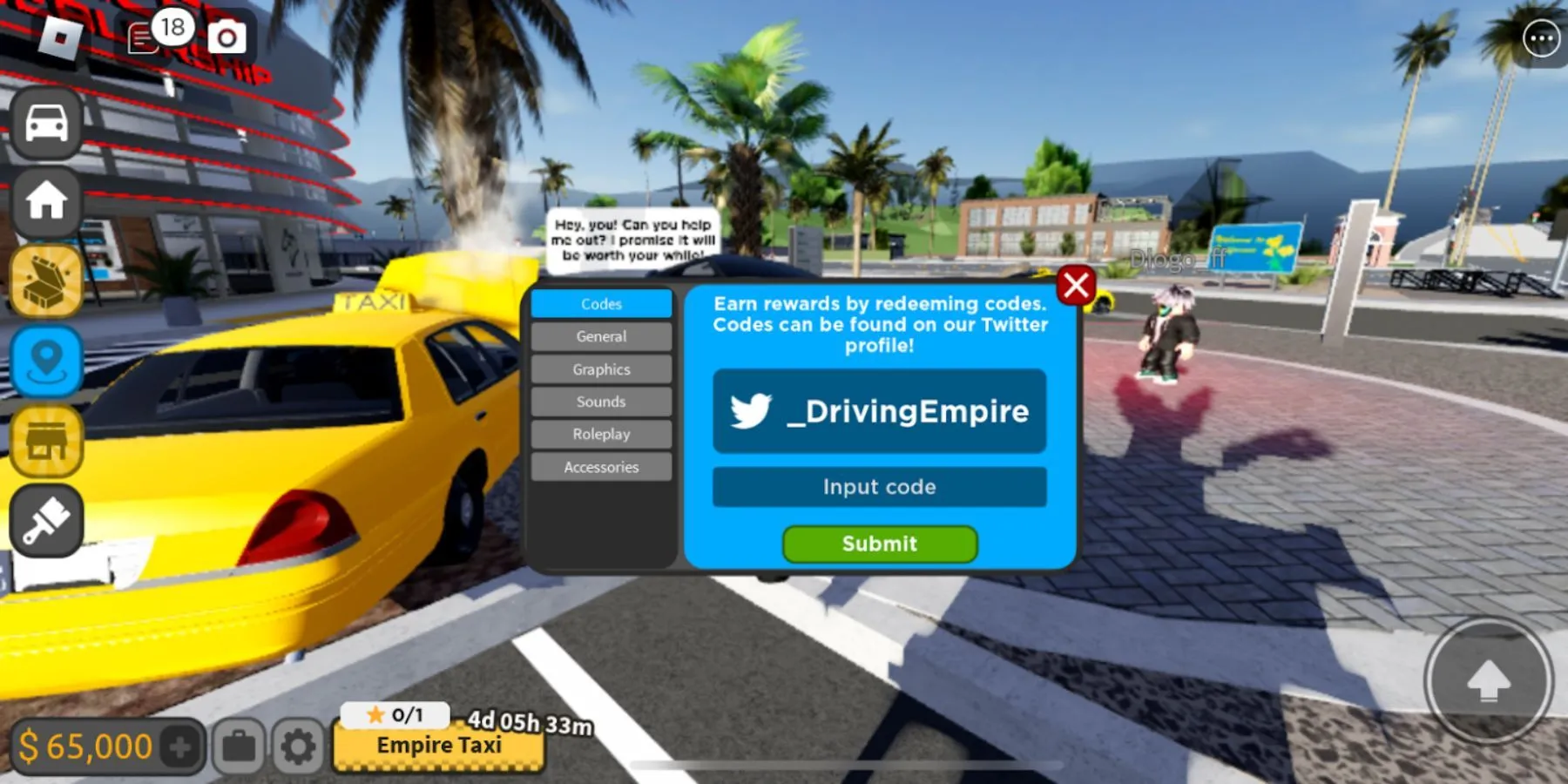 Hướng dẫn đổi code trong Driving Empire, vị trí nút Settings và ô nhập mã