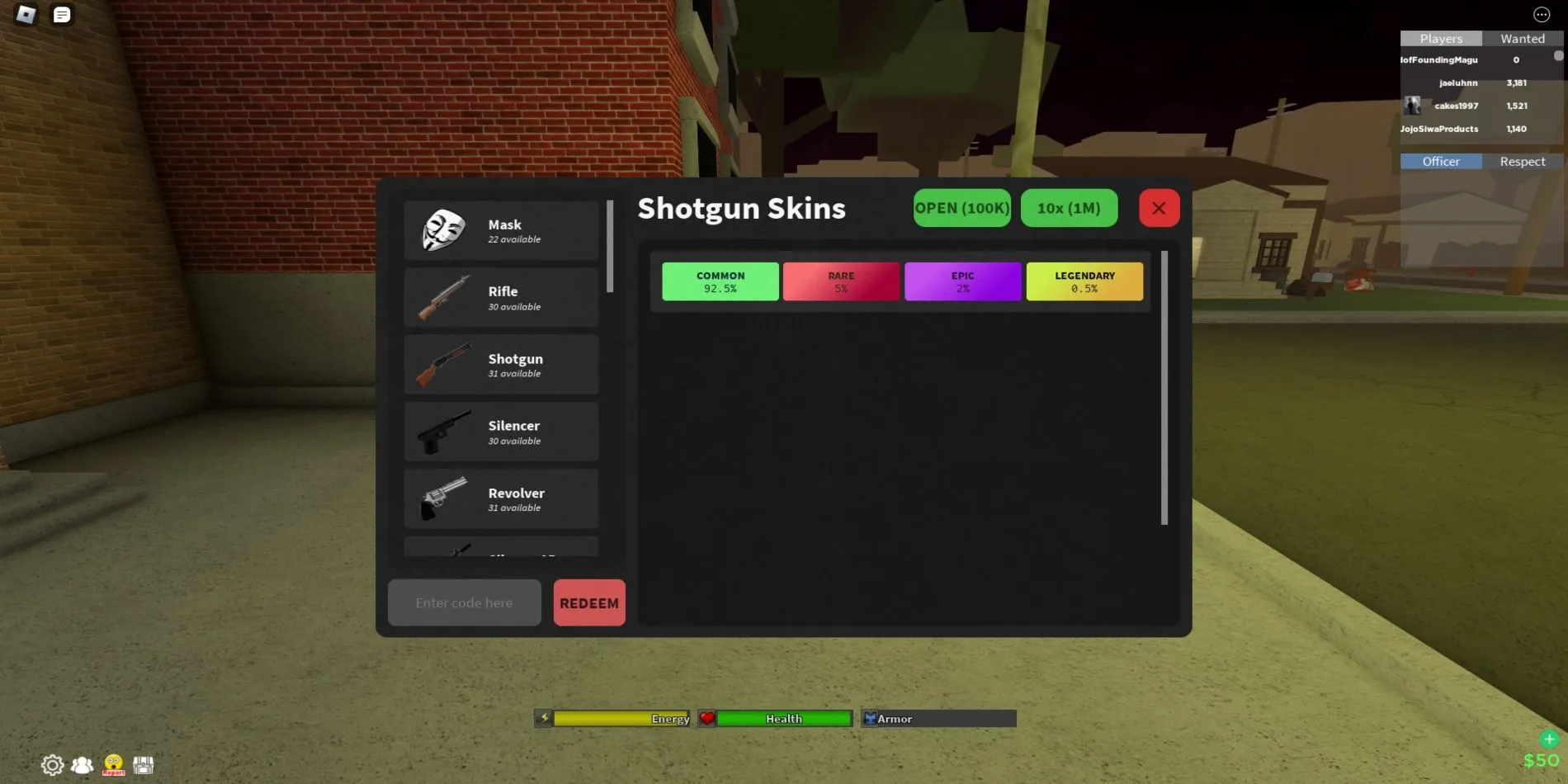 Hướng dẫn đổi mã Da Hood: mở rương kho báu và nhập mã trong giao diện game Roblox