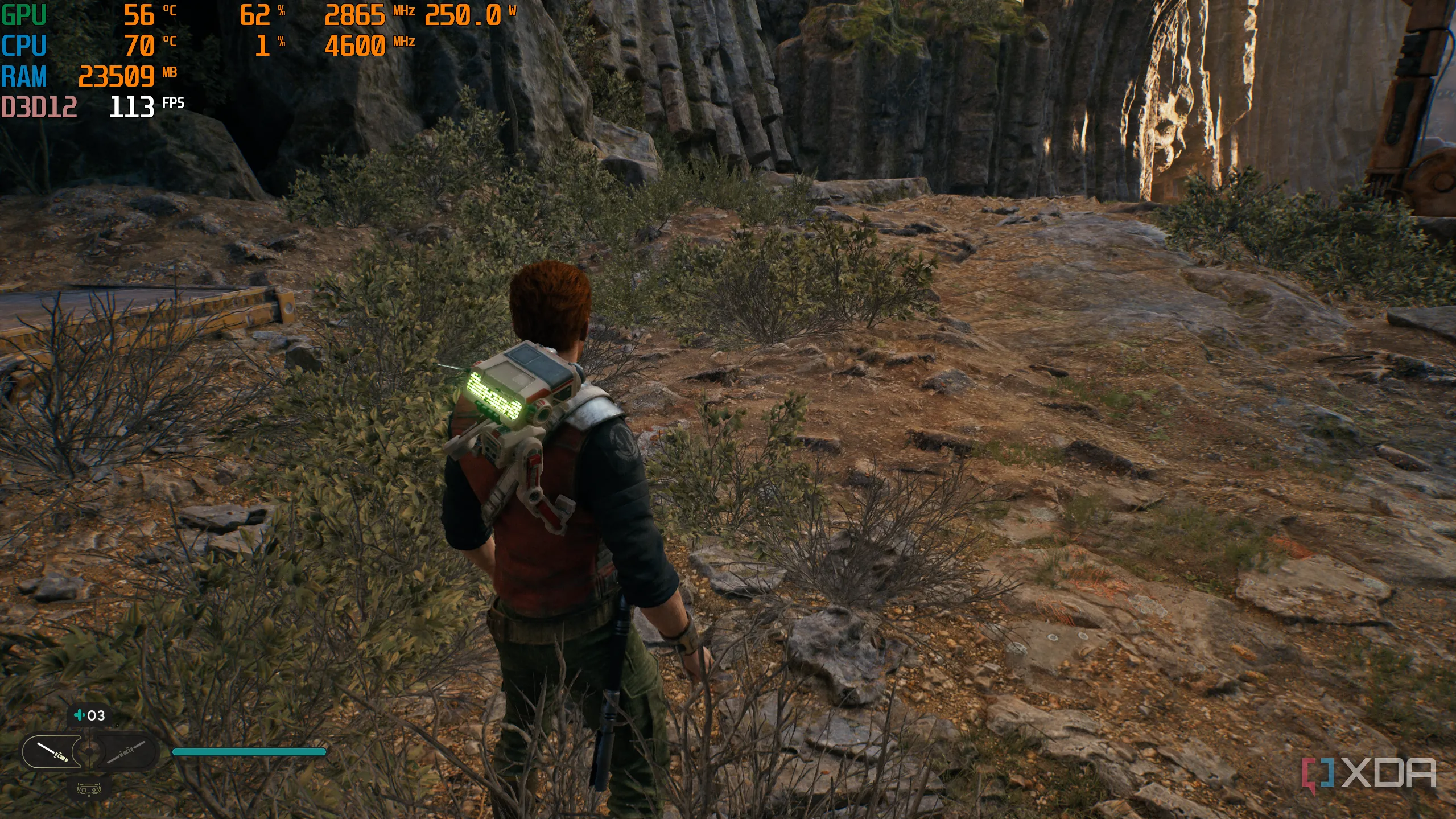 Jedi Survivor trên PC hiển thị MSI Afterburner theo dõi xung nhịp GPU và nhiệt độ