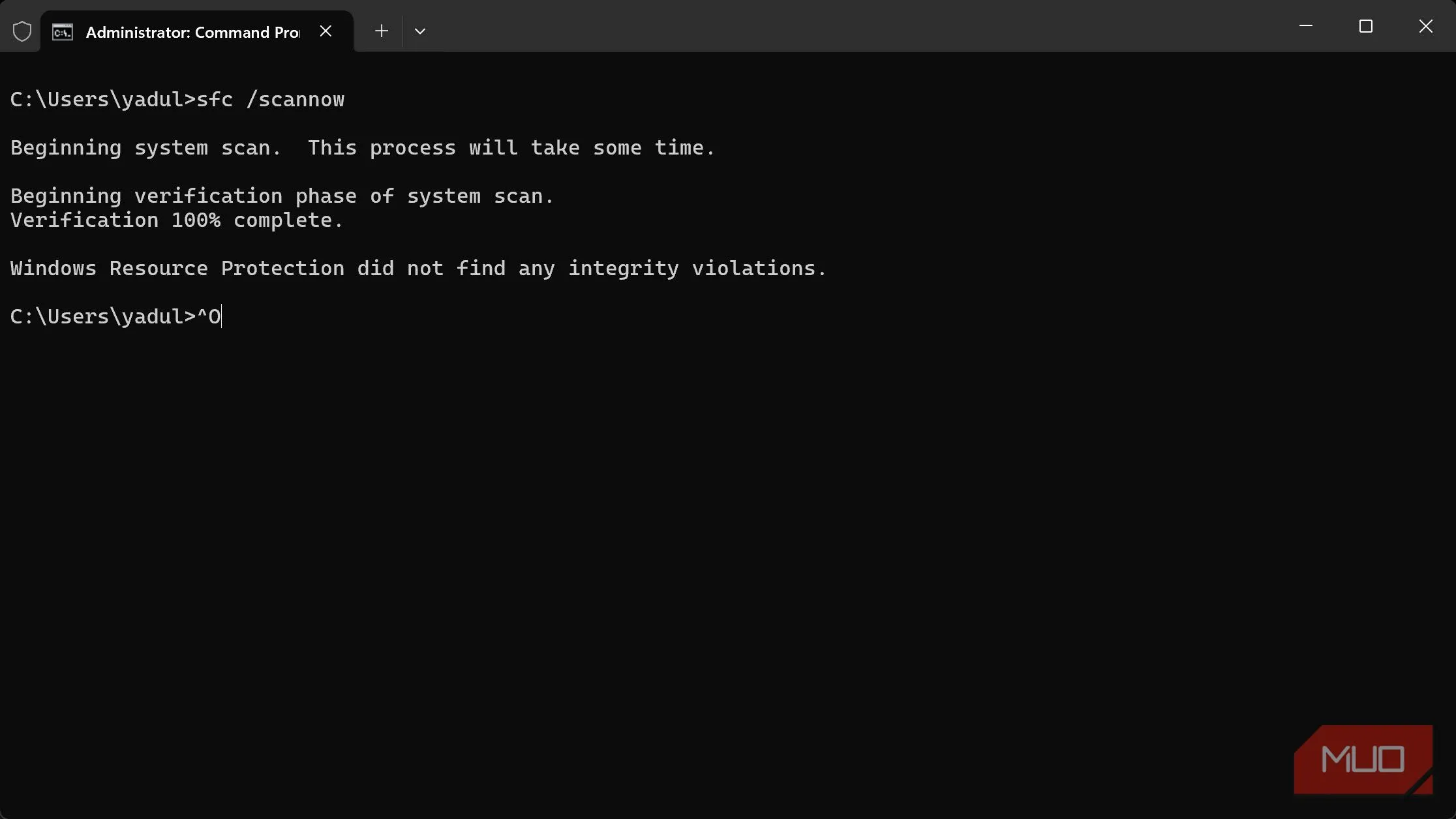 Kết quả quét SFC trong Terminal Windows cho thấy không tìm thấy lỗi hệ thống