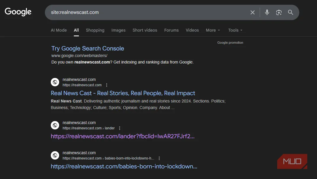 Kết quả tìm kiếm tên miền lừa đảo trên Google Site Search