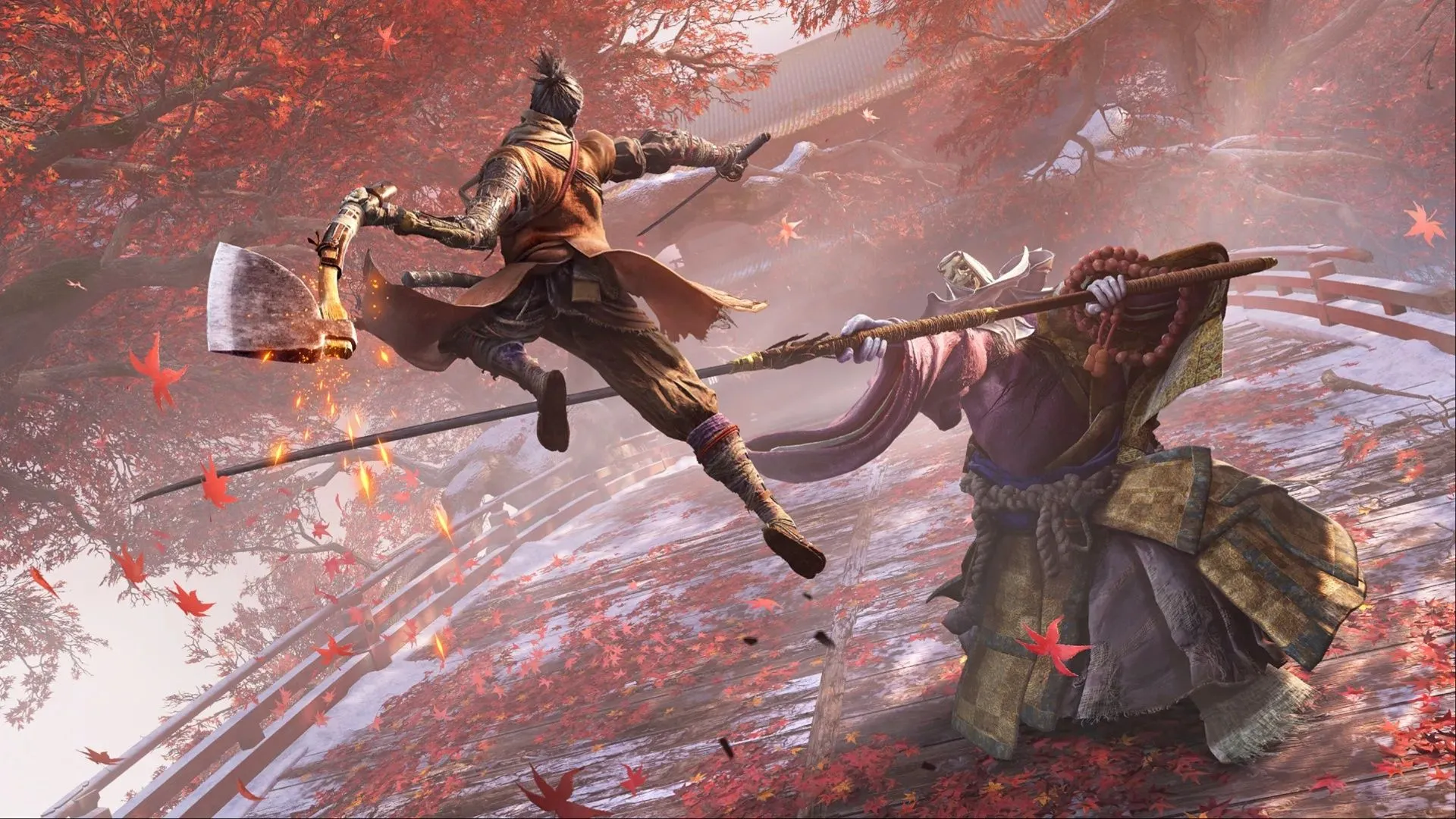 Key art Sekiro sử dụng Cái Búa Tải (Loaded Axe) trong trận chiến với True Corrupted Monk, nhấn mạnh parry và timing.