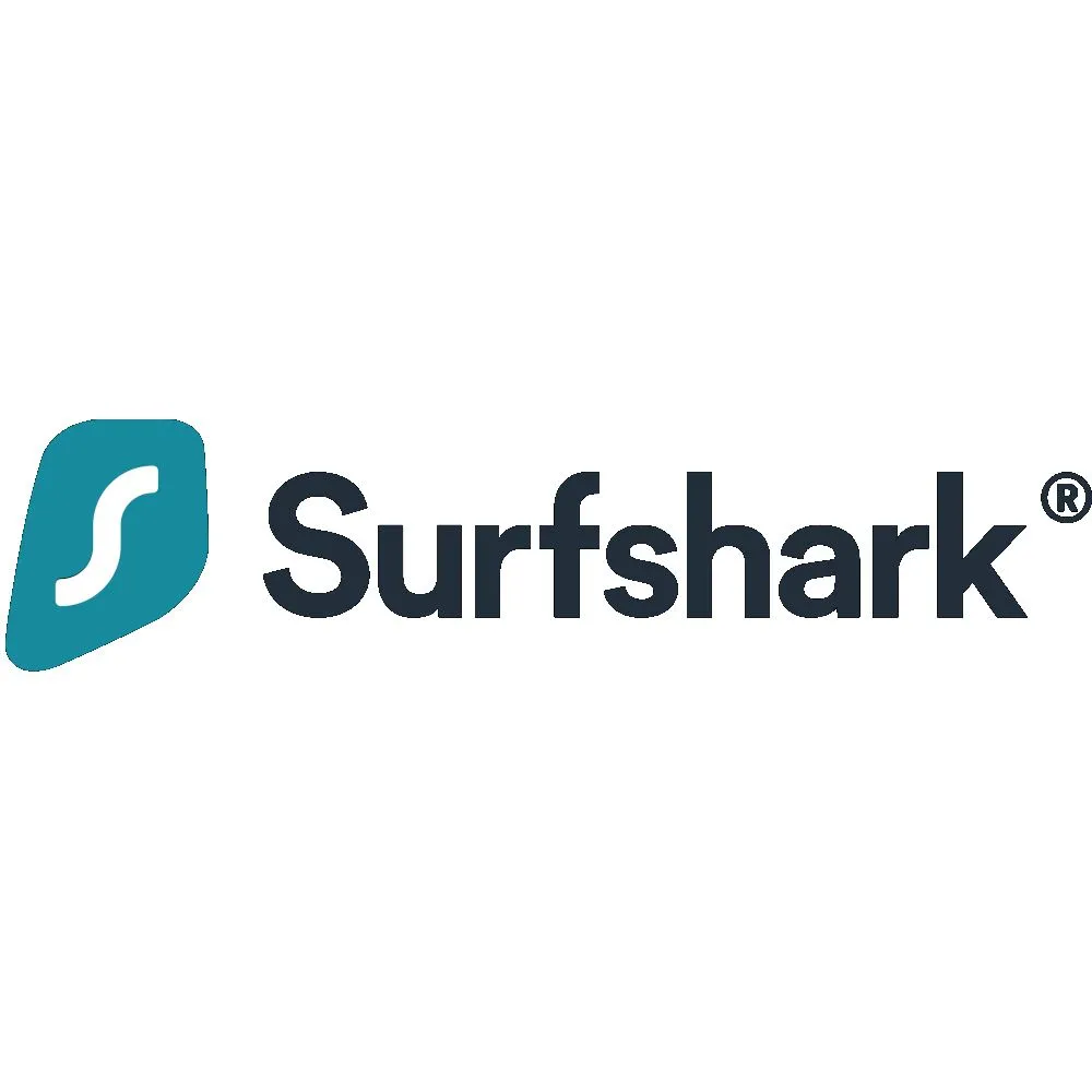 Logo Surfshark trên nền trắng, biểu tượng lựa chọn VPN tiết kiệm cho nhiều thiết bị Chromebook và game thủ gia đình