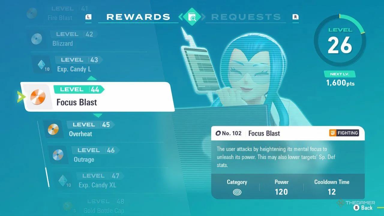 Mable research level 44 reward cho Focus Blast — TM Fighting dành cho special builds.