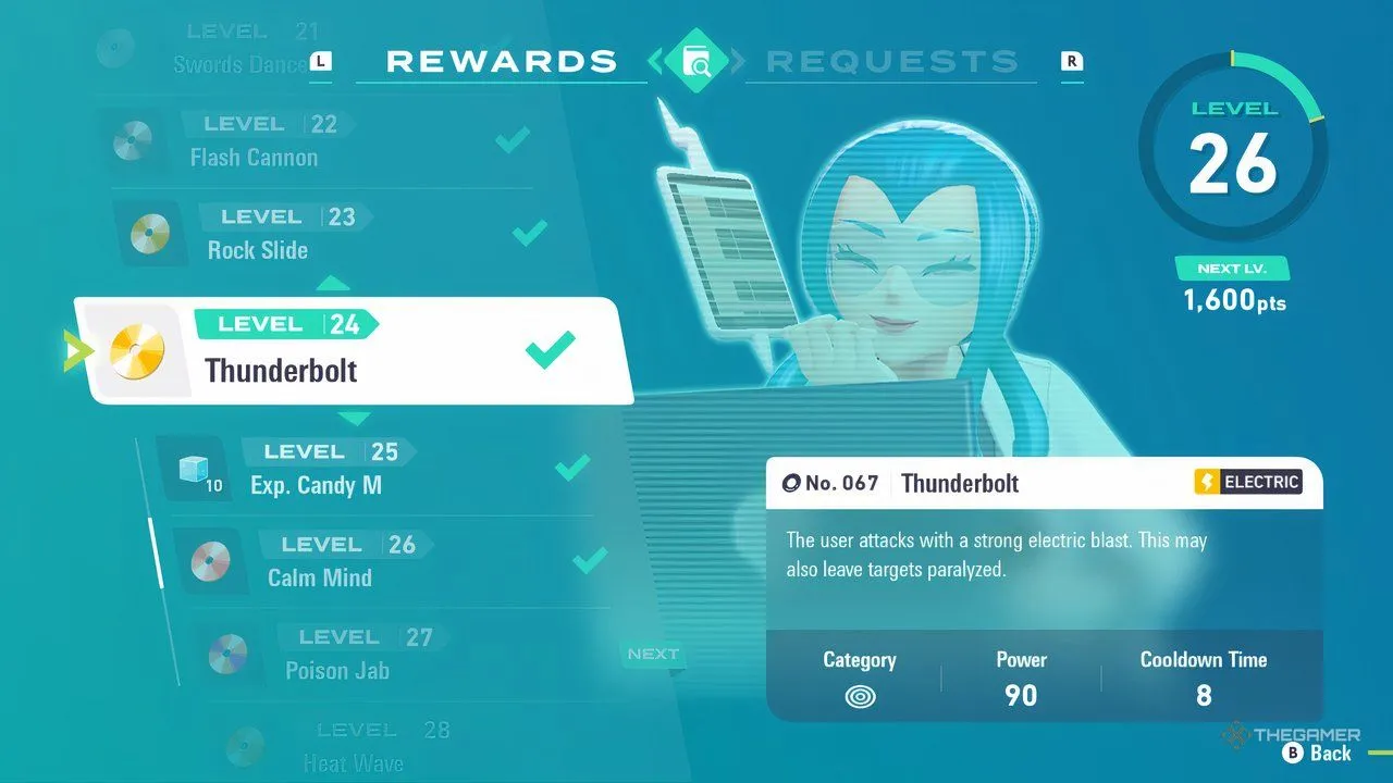 Mable's Research Level 24 reward, thường là Thunderbolt cung cấp coverage điện.