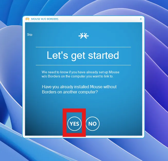 Màn hình thiết lập ban đầu của Mouse Without Borders, chọn Yes/No để bắt đầu ghép nối.