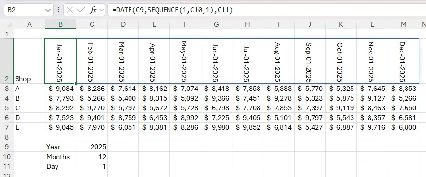 Mảng động ngày tháng trong Excel được sinh bằng cách lồng SEQUENCE vào DATE.