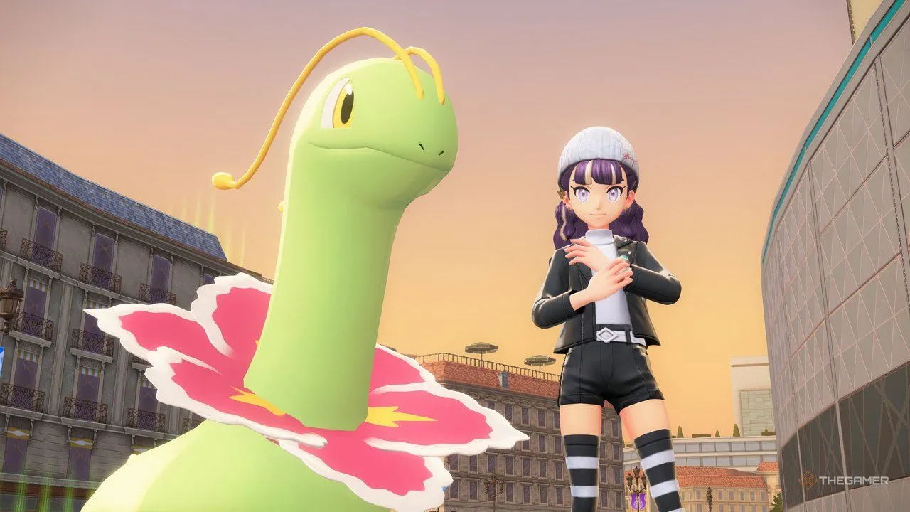 Meganium và huấn luyện viên chụp ảnh trong Pokemon Legends: Z-A, minh họa TM Grass và lựa chọn chiến thuật.