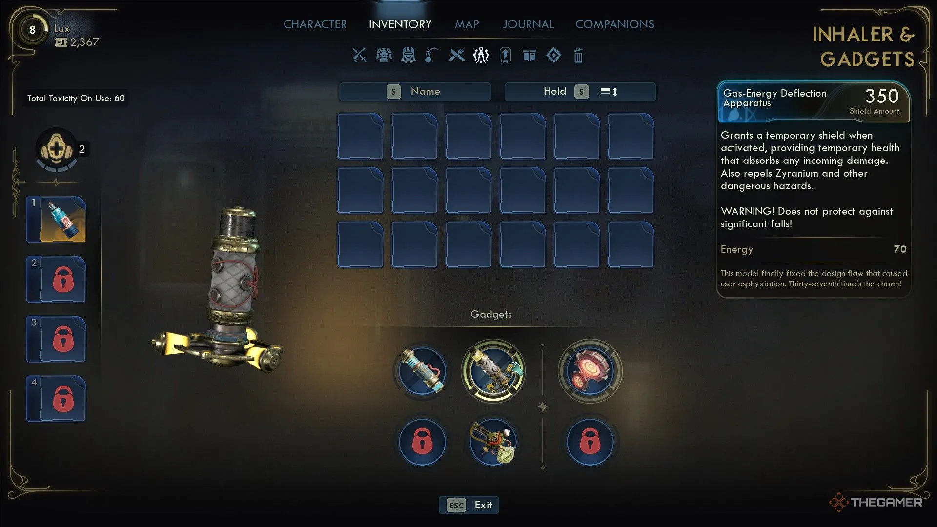 Menu hiển thị các Gadgets khác nhau trong The Outer Worlds 2, bao gồm Gas-Energy Deflection Apparatus